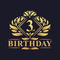 Logo d'anniversaire de 3 ans, célébration du 3ème anniversaire de luxe en or. vecteur