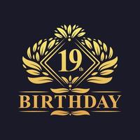 Logo d'anniversaire de 19 ans, célébration du 19e anniversaire de luxe en or. vecteur