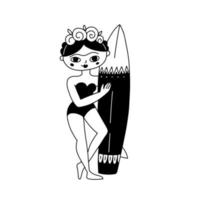 frida kahlo de rivera stylisé personnage portant maillot de bain impression concept dans griffonnage style. Créatif moderne branché portrait avec planche de surf. été style tee décor. noir et blanc vecteur illustration.