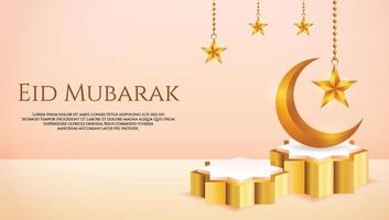 Affichage de produit 3D couleur pêche et or sur le thème du podium islamique avec croissant de lune et étoile pour le ramadan vecteur