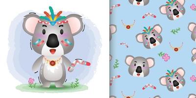 koala mignon avec motif de costume autochtone et dessins d'illustration vecteur