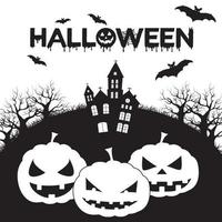 Halloween avec effrayant noir et blanc nuance, une hanté loger, une sec arbre chauve souris, et une citrouille monstre vecteur