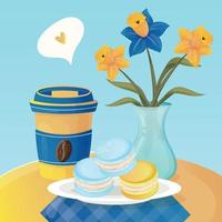romantique petit déjeuner avec café dans une papier tasse, Jaune et bleu Trois macarons sur le assiette et jonquilles dans une vase sur une table avec bleu à carreaux nappe de table. patriotique dessin animé mignonne ukrainien carte postale vecteur