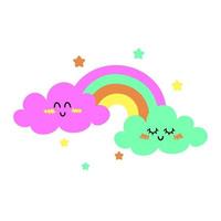 mignonne souriant des nuages avec coloré arc en ciel et étoiles. bébé mignonne vecteur illustration