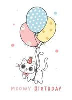 mignonne marrant espiègle anniversaire blanc joufflu chat en volant avec ballon, miaou anniversaire, de bonne humeur animal de compagnie animal dessin animé griffonnage personnage dessin vecteur