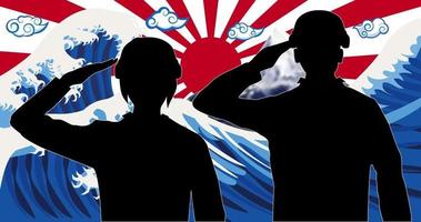 Soldat du Japon silhouette avec drapeau de soleil levant vague vecteur