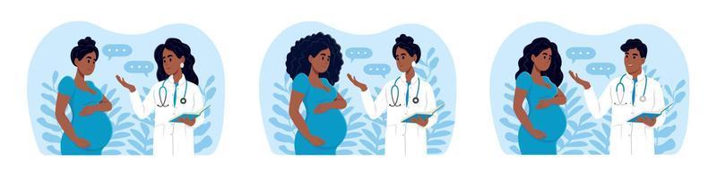 médecins et Enceinte femmes sont africain Américain. Masculin et femelle médecins parlant à les patients en utilisant une tablette pendant consultation. vecteur