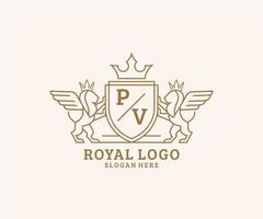 initiale pv lettre Lion Royal luxe héraldique, crête logo modèle dans vecteur art pour restaurant, royalties, boutique, café, hôtel, héraldique, bijoux, mode et autre vecteur illustration.