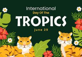 international journée de le tropique vecteur illustration sur 29 juin avec animal, herbe et fleur les plantes à préserver dans plat dessin animé main tiré modèles