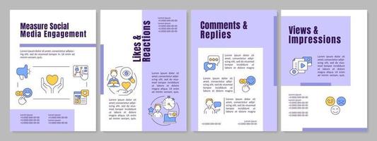 mesure social médias engagement violet brochure modèle. utilisateurs analyse. brochure conception avec linéaire Icônes. modifiable 4 vecteur mises en page pour présentation, annuel rapports