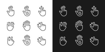 Multi-touches gestes pixel parfait linéaire Icônes ensemble pour sombre, lumière mode. écran tactile contrôle. tablette la navigation. mince ligne symboles pour nuit, journée thème. isolé illustrations. modifiable accident vasculaire cérébral vecteur