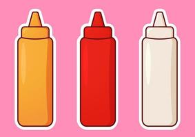 une sauce bouteille avec divers les types de sauces. tomate ketchup, Mayonnaise, moutarde sauce, ou un barbecue sauce. kawaii sauce pack dans Plastique récipient. mignonne dessin animé vecteur illustration. autocollant conception.