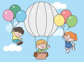 jolis personnages d'enfants volent dans le ciel sur des ballons. illustrations de conception de vecteur de style dessiné à la main.