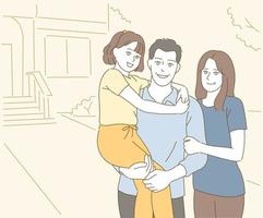 trois enfants heureux, père, mère. illustrations de conception de vecteur de style dessiné à la main.