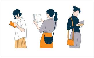 les femmes tiennent des livres et lisent. illustrations de conception de vecteur de style dessiné à la main.