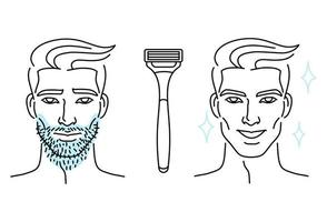 Pour des hommes barbe cheveux suppression avant et après, beauté corps se soucier concept avec le rasoir. vecteur conception illustration.