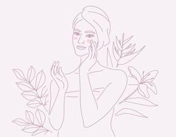 magnifique Jeune femme dans serviette Faire peau se soucier sur sa affronter, avec fleurs et feuilles les plantes arrière-plan, linéaire logo minimaliste style, vecteur