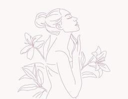 magnifique Jeune femme dans serviette Faire peau se soucier sur cou zone, avec fleurs et feuilles les plantes arrière-plan, linéaire logo minimaliste style, vecteur