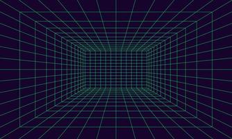 la grille pièce dans la perspective dans 3d style. intérieur filaire de vert laser faisceau, numérique vide boîte. abstrait géométrique conception vecteur
