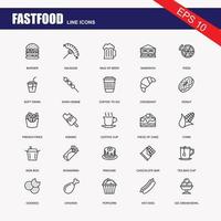 Fast food en relation ligne icône ensemble. rue nourriture linéaire Icônes. Burger, Hot-dog et sandwich contour vecteur panneaux et symboles collection.