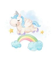 licorne mignonne sautant par-dessus l'illustration de l'arc-en-ciel vecteur