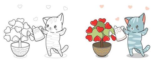 adorable chat plante arbre d'amour dessin animé page de coloriage pour les enfants vecteur