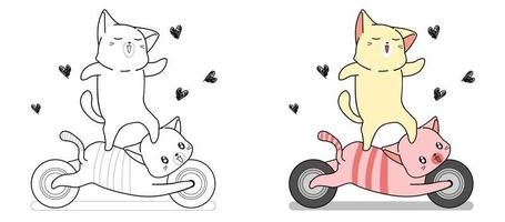 adorable chat monte la page de coloriage de dessin animé de chat de moto vecteur