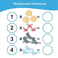 multiplication feuille de travail pour les enfants. compte math feuille de travail. imprimable math feuille de travail. vecteur illustration.