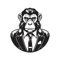 frustré singe dans affaires costume, ancien logo concept noir et blanc couleur, main tiré illustration vecteur