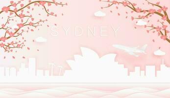 panorama Voyage carte postale, affiche, tour La publicité de monde célèbre Repères de Sydney, printemps saison avec épanouissement fleurs dans arbre vecteur