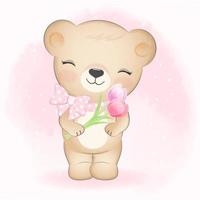 mignon petit ours et fleurs de tulipe vecteur