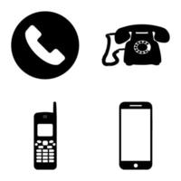 ensemble de téléphones d'icônes vectorielles pour sites. quatre appellent des emblèmes en noir et blanc. silhouettes isolées. vecteur