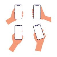 ensemble de mains tenant des téléphones intelligents avec écran blanc vierge