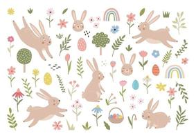 printemps ensemble de mignonne lapins, fleurs et feuilles. main tiré lapin collection sur blanc Contexte. des gamins personnage illustration, animal impression vecteur