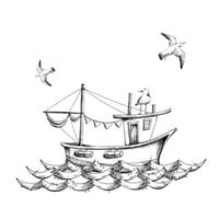voile bateau sur le vagues avec mer goélands, isolé composition sur une blanc Contexte main tiré dans graphique style. eps vecteur illustration. pour impressions, affiches, cartes, autocollants.