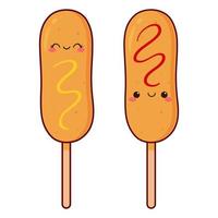 deux kawaii blé chiens. adorable souriant personnage. saucisse dans pâte sur une bâton avec assaisonnement - ketchup et moutarde. plat dessin animé vecteur. vecteur