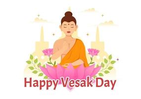 vesak journée fête vecteur illustration avec temple silhouette, lotus fleur, lanterne ou Bouddha la personne dans plat dessin animé main tiré modèles