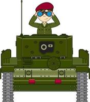 mignonne dessin animé armée soldat avec jumelles dans blindé réservoir militaire histoire illustration vecteur