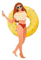 été temps. une femme dans une maillot de bain et un gonflable anneau. dessin animé vecteur illustration.