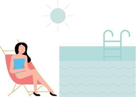 le fille est bain de soleil près le étang. vecteur