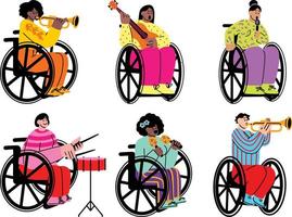 désactivée gens dans fauteuil roulant en jouant musical instruments, plat vecteur illustration isolé.