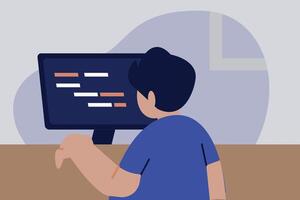 le garçon est travail sur le moniteur. vecteur
