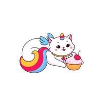 dessin animé mignonne caticorn personnage avec petit gâteau vecteur