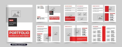 architecte profil et projet Aperçu brochure vecteur pour commercialisation. réel biens architecture affaires magazine modèle avec photo espaces réservés. architecture brochure conception avec rouge et foncé couleurs.