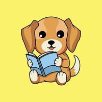 mignonne chien en train de lire livre dessin animé autocollant vecteur illustration