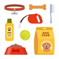 animal de compagnie accessoires et nourriture ensemble. chiens et chats fournitures, animal de compagnie magasin équipement, jouets, maison, bol, cage, scratch poste, balle, collier, chien lit. animal de compagnie se soucier équipement. vecteur illustration.