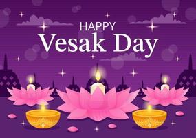 vesak journée fête vecteur illustration avec temple silhouette, lotus fleur, lanterne ou Bouddha la personne dans plat dessin animé main tiré modèles