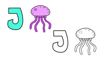 dessin animé méduse et lettre j coloration livre vecteur illustration pour les enfants
