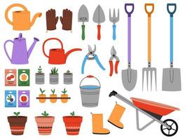 gros collection de jardin outils isolé sur blanc Contexte. arrosage peut, graines, marmites, pelle, fourche, gants, brouette et autre. concept de printemps travail. vecteur