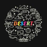lettrage dégradé coloré du désert avec des icônes de ligne vecteur